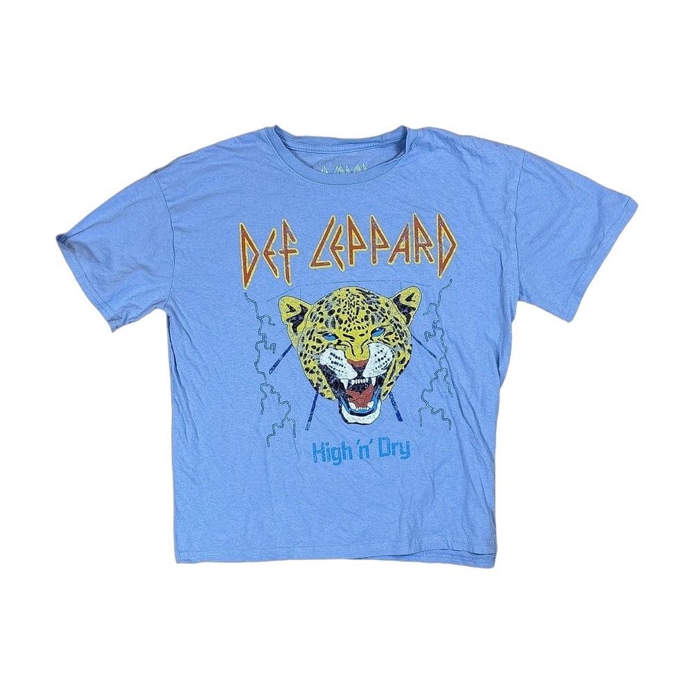 Def Leppard High n Dry Graphic Tee Women XL Blue Good Boxy Cropped Band Shirt